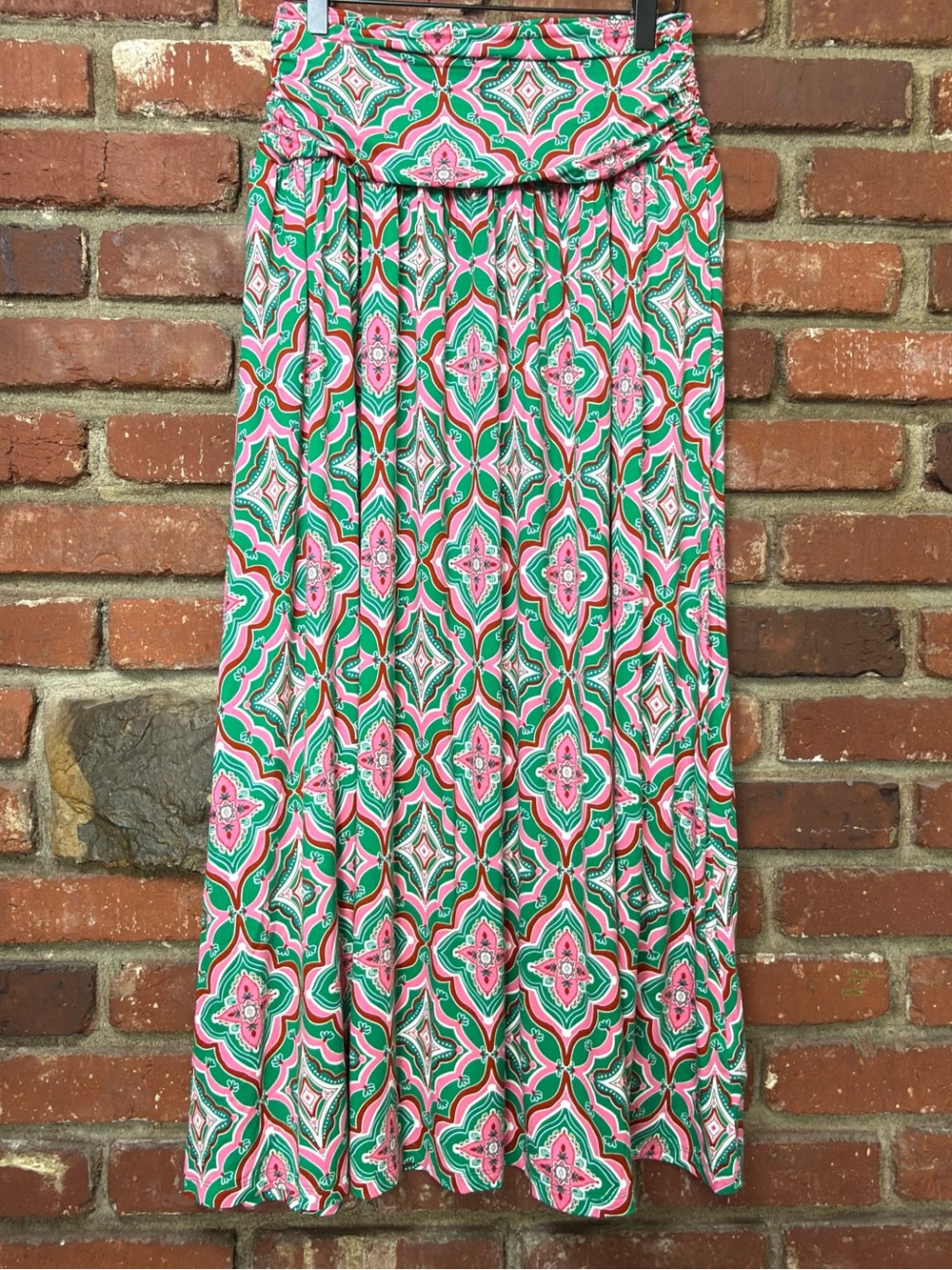 Boden Rosaline Green Pink Geometric Medallion Ruched Waist Maxi Skirt US 4R